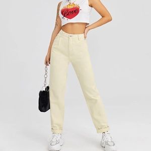 SHEIN High Waist Fold Pleat Roll Hem Jeans